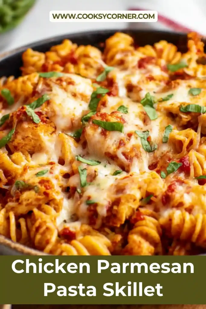 Skillet chicken pasta topped with melted mozzarella cheese.