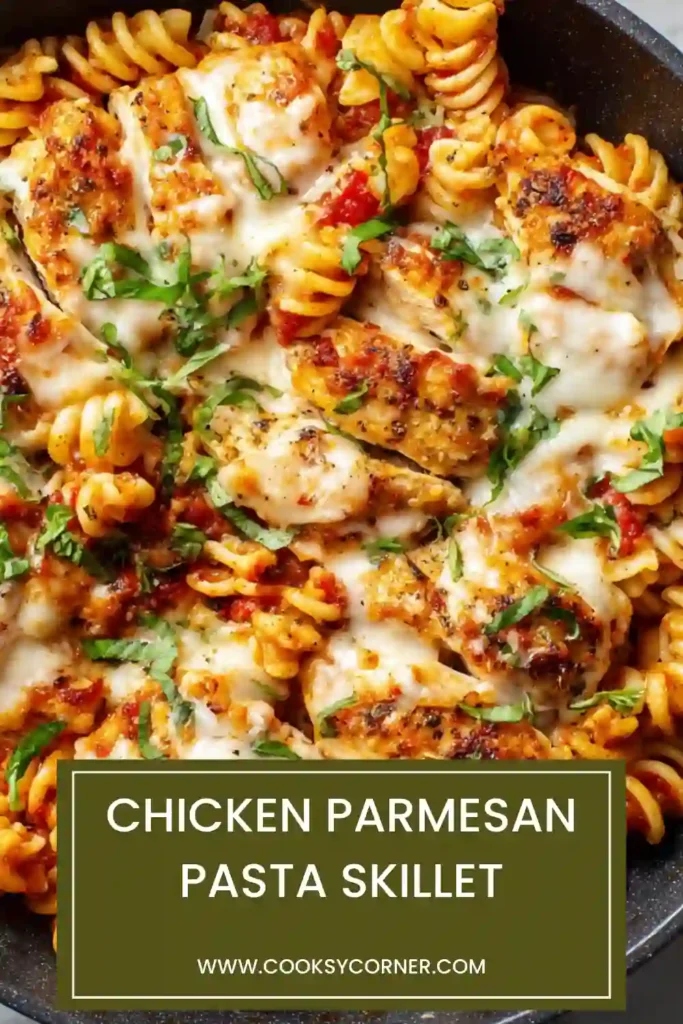 Chicken parmesan pasta skillet with melted mozzarella and fresh basil.