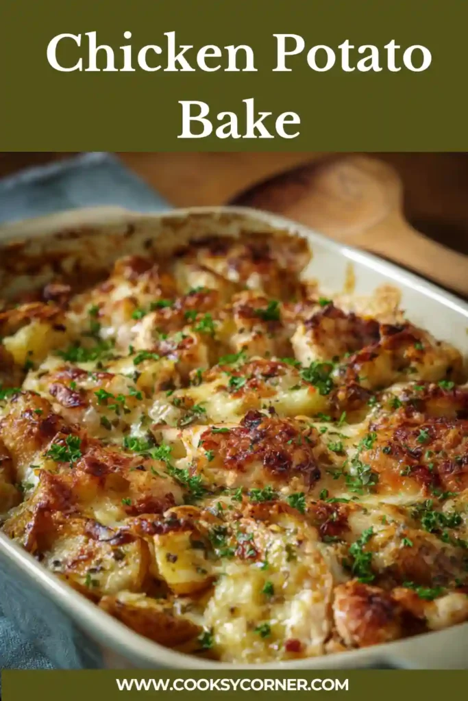 Close-up of cheesy Chicken Potato Bake showing golden potatoes and tender chicken pieces.