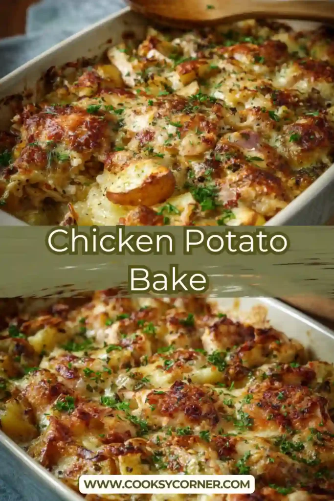 Oven baked chicken and potatoes topped with melted cheese and fresh parsley garnish.