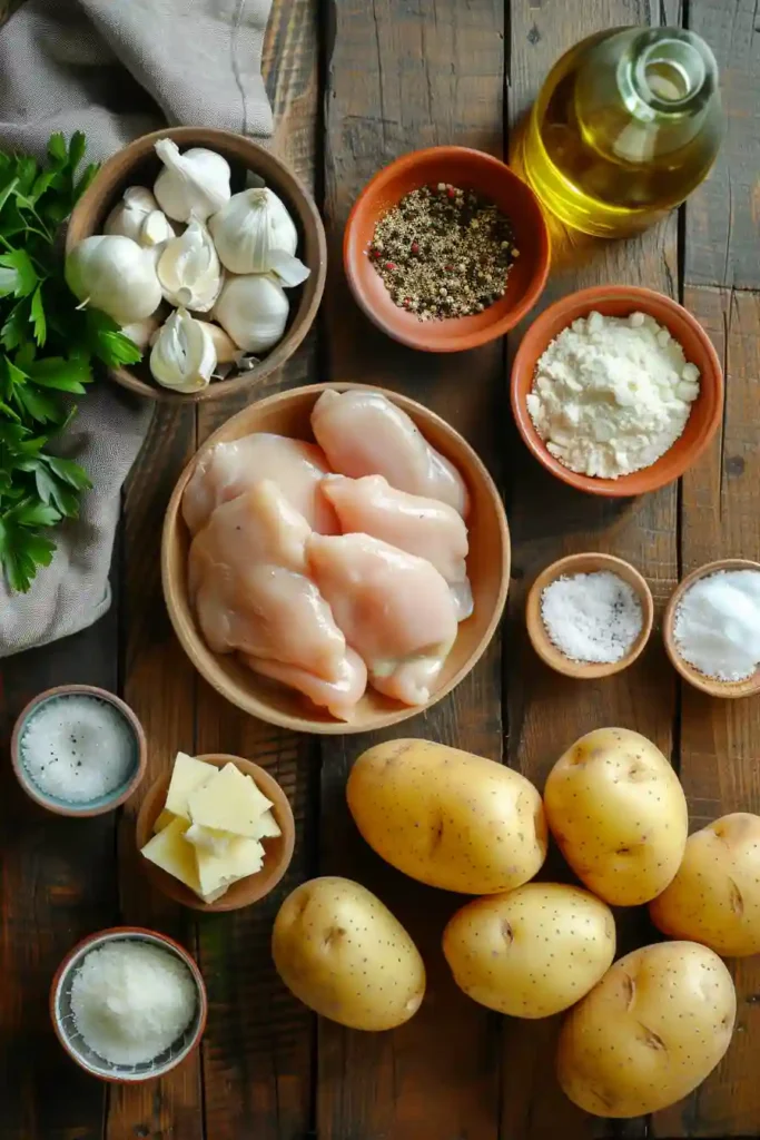Baked chicken and potato casserole with melted mozzarella and herbs in a rustic dish.