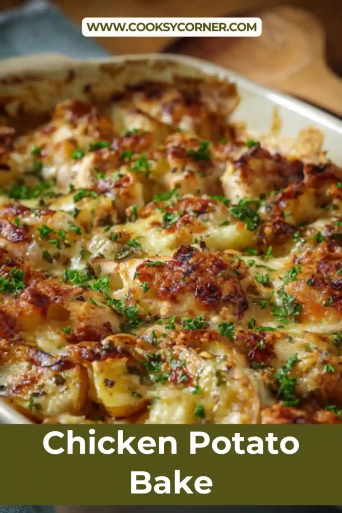 Chicken Potato Bake with roasted potatoes, juicy chicken, and melted mozzarella cheese in a baking dish.