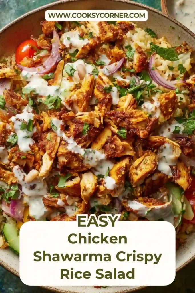 Healthy chicken shawarma salad with crunchy baked rice and lemon tahini sauce.