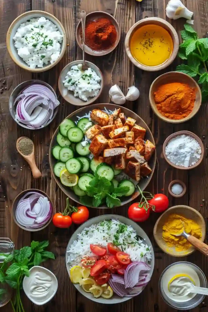Fresh shawarma chicken salad bowl with herbs, vegetables, and crispy rice.