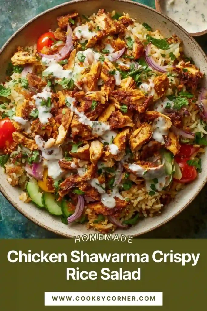 Chicken shawarma crispy rice salad with spiced chicken, cucumbers, tomatoes, and creamy tahini dressing.