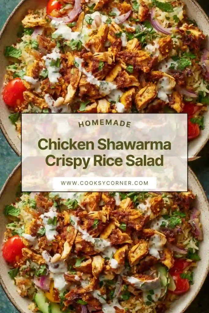 Mediterranean crispy rice salad topped with shawarma chicken and fresh mint.