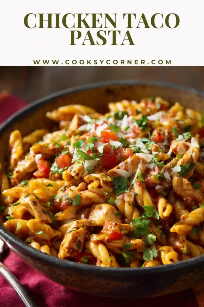 Cheesy chicken taco pasta with colorful vegetables and salsa sauce.