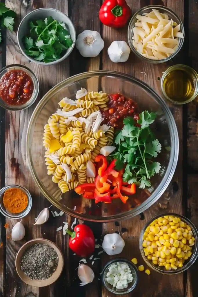Homemade taco pasta with chicken, beans, and peppers.