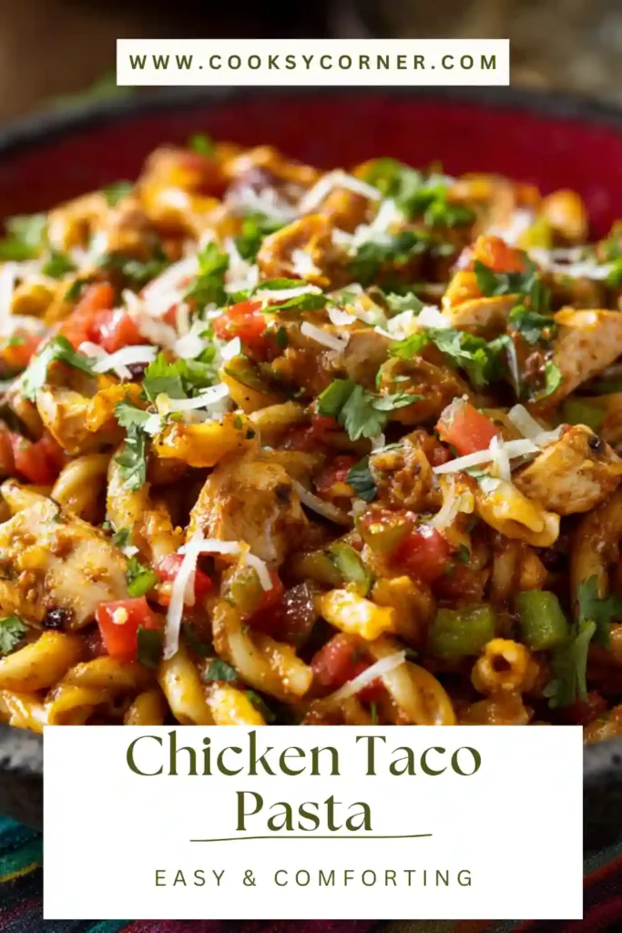 Chicken taco pasta with bell peppers, black beans, corn, and melted cheese.