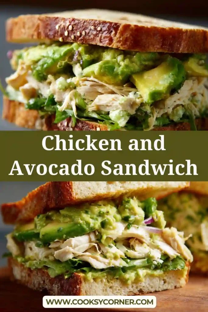 Homemade Chicken and Avocado Sandwich layered with greens and red onion.