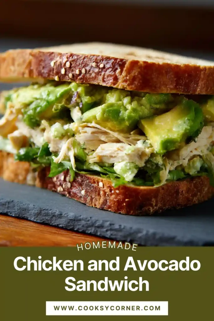 Chicken and Avocado Sandwich with shredded chicken, creamy avocado spread, rocket, and red onion on toasted bread.
