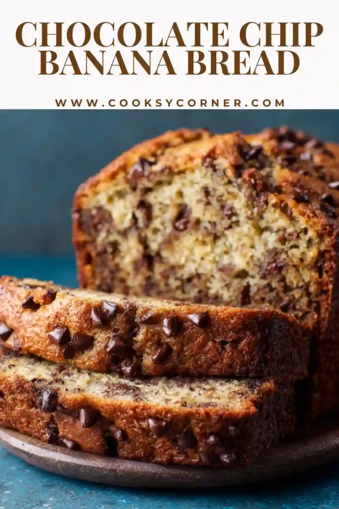 Freshly baked Chocolate Chip Banana Bread sliced on a wooden board.
