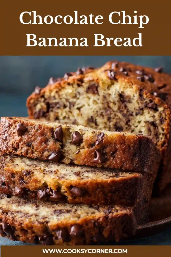 Chocolate Chip Banana Bread loaf with melted chocolate chips and soft banana crumb.