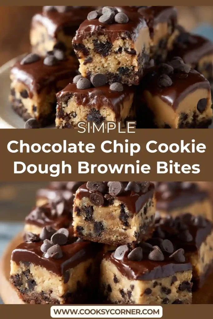 Close-up of layered brownie bites with chocolate chip cookie dough filling.