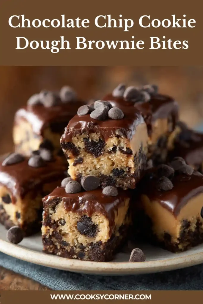 Chocolate chip cookie dough brownie bites layered with brownie, cookie dough, and ganache.