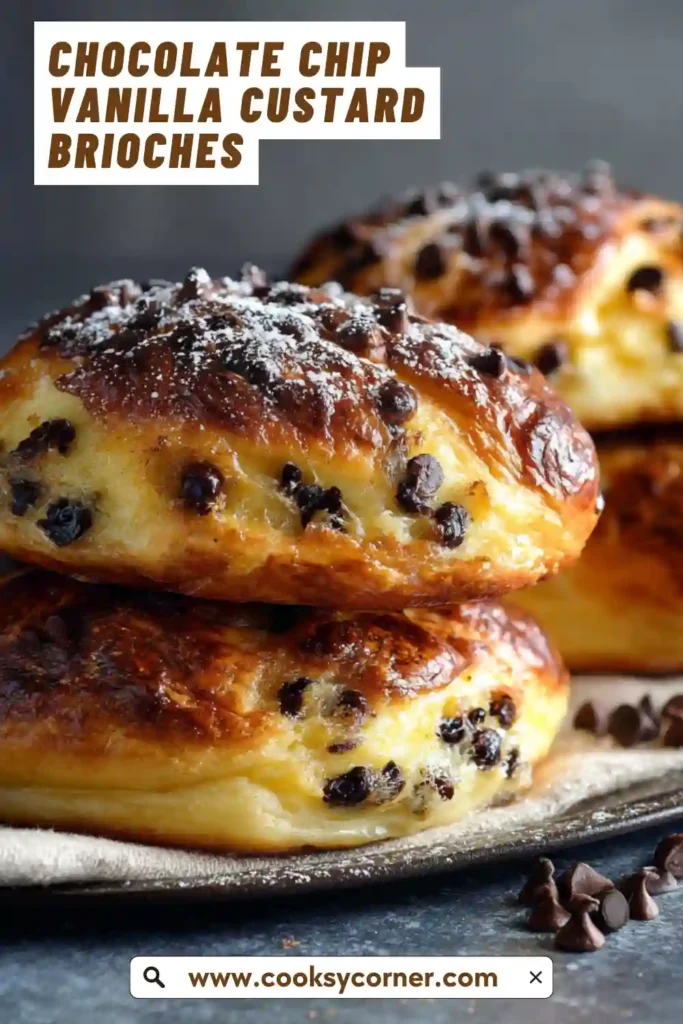 Homemade Chocolate Chip Vanilla Custard Brioches arranged on a tray. Light, airy dough with rich custard layers.