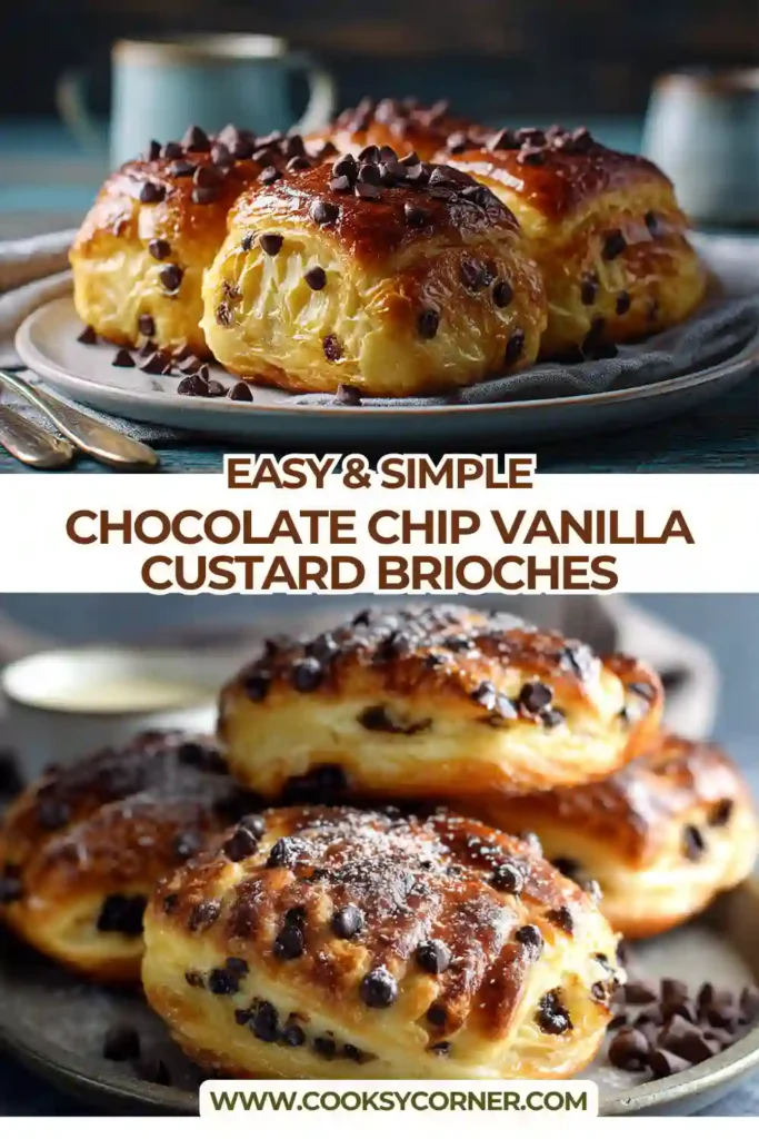 Close-up of fluffy brioche pastries filled with vanilla custard and chocolate chips. Golden brown tops with glossy finish.