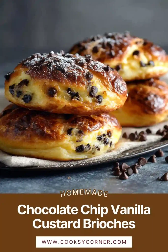 Freshly baked Chocolate Chip Vanilla Custard Brioches with golden crust and creamy filling visible inside. Soft brioche texture with melted chocolate chips.