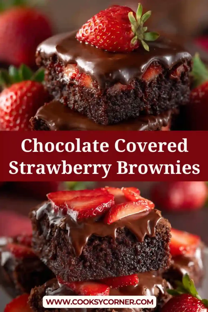 Close-up of chocolate ganache brownies with fresh strawberries arranged on top.