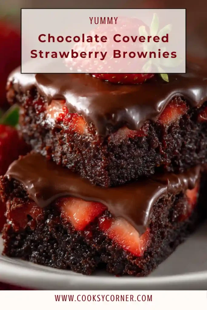 Chocolate Covered Strawberry Brownies topped with fresh halved strawberries and glossy chocolate ganache in an 8x8 pan.