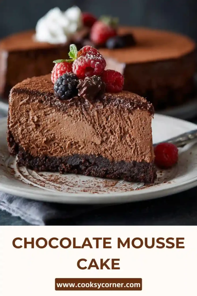 Slice of chocolate mousse cake with creamy texture and cookie base.