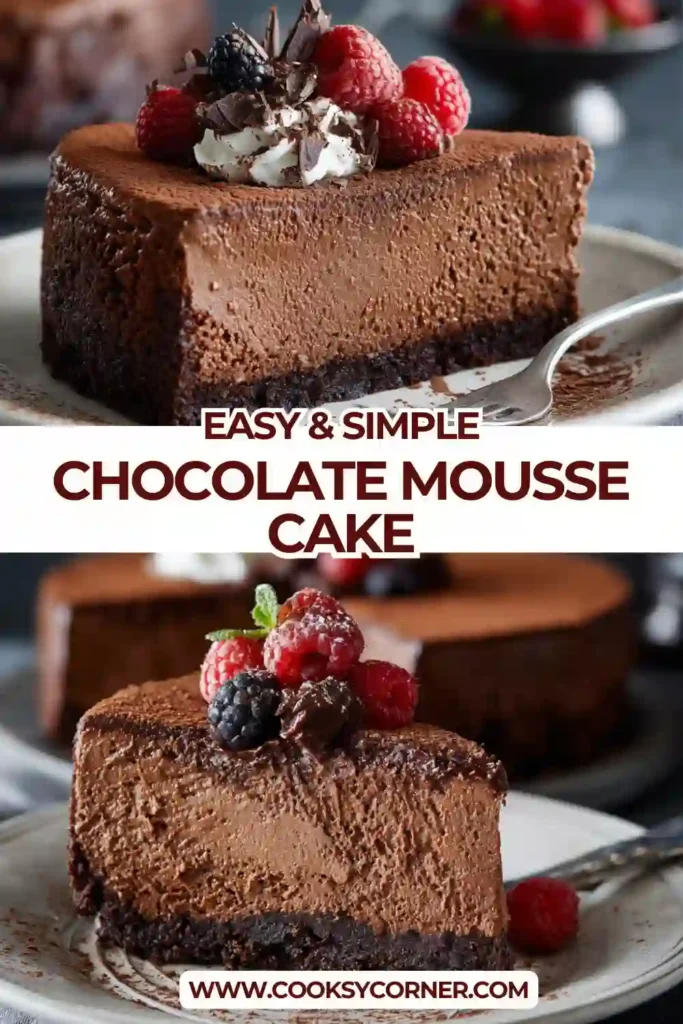 No bake chocolate mousse cake topped with chocolate shavings and cookies.