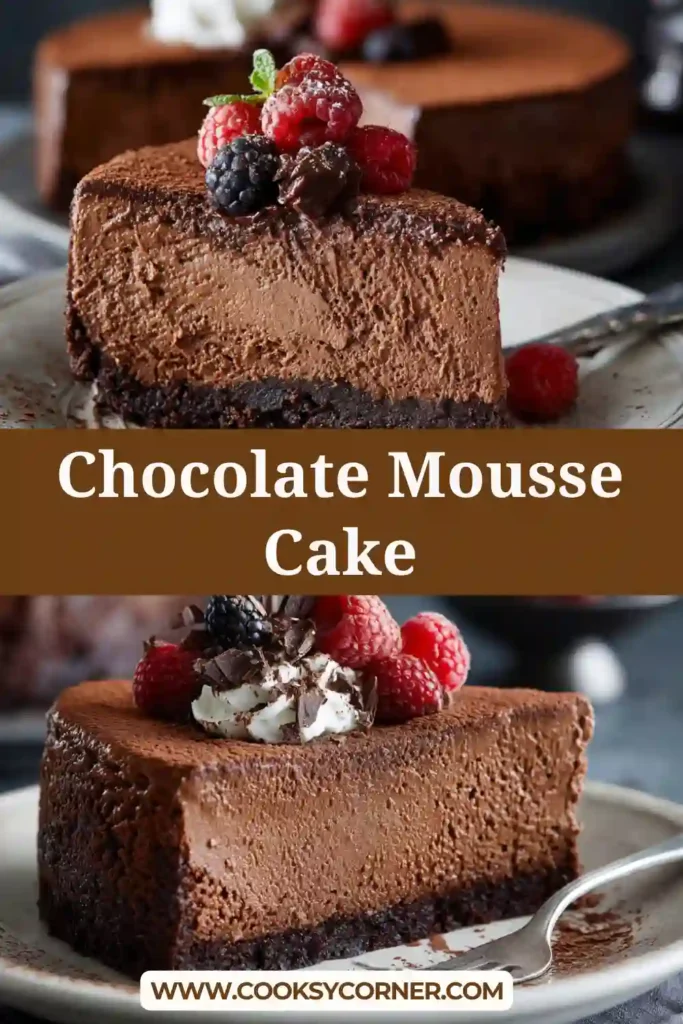 Chocolate mousse cake with Oreo crust and whipped cream topping.