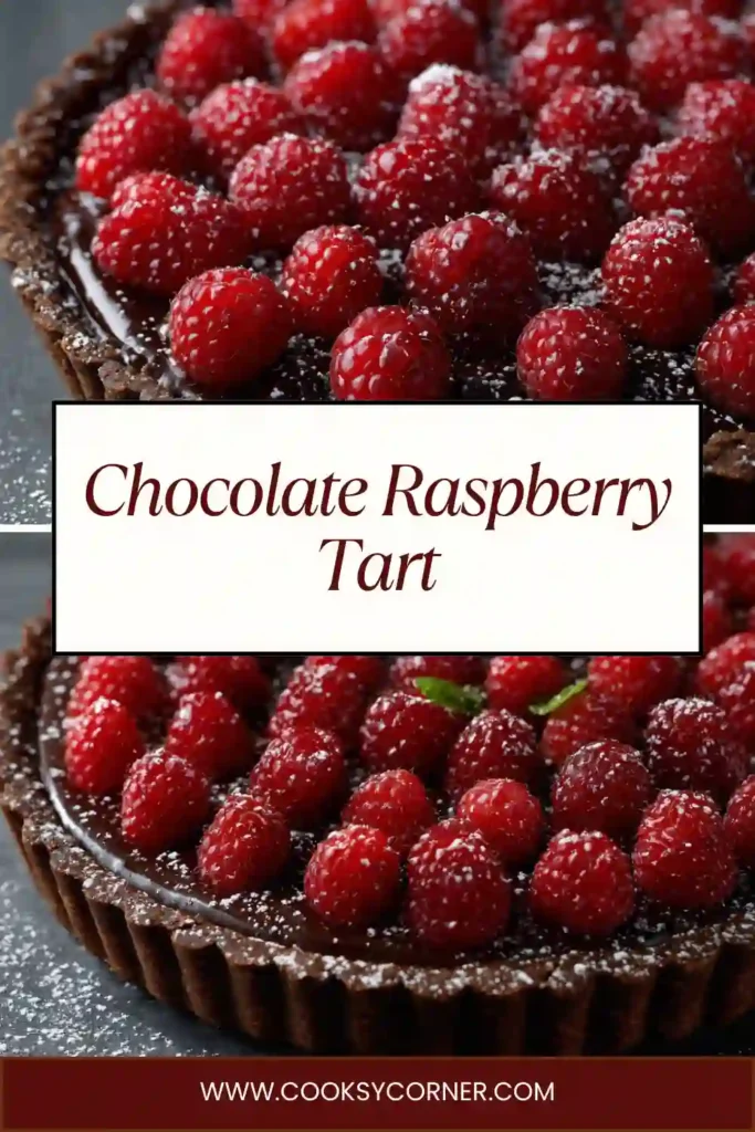 No bake chocolate tart with Oreo crust and raspberry topping.
