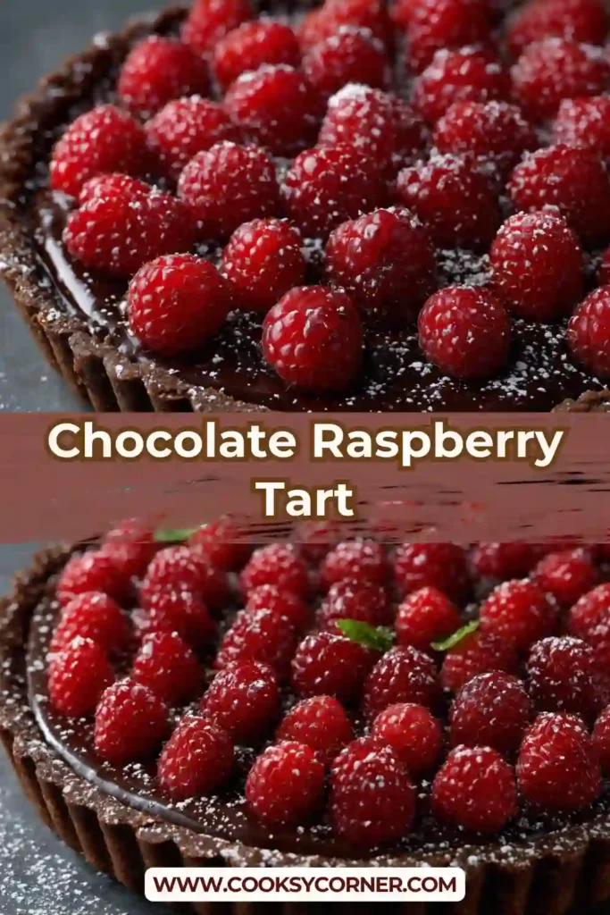 Chocolate raspberry tart with glossy ganache and fresh raspberries on top.