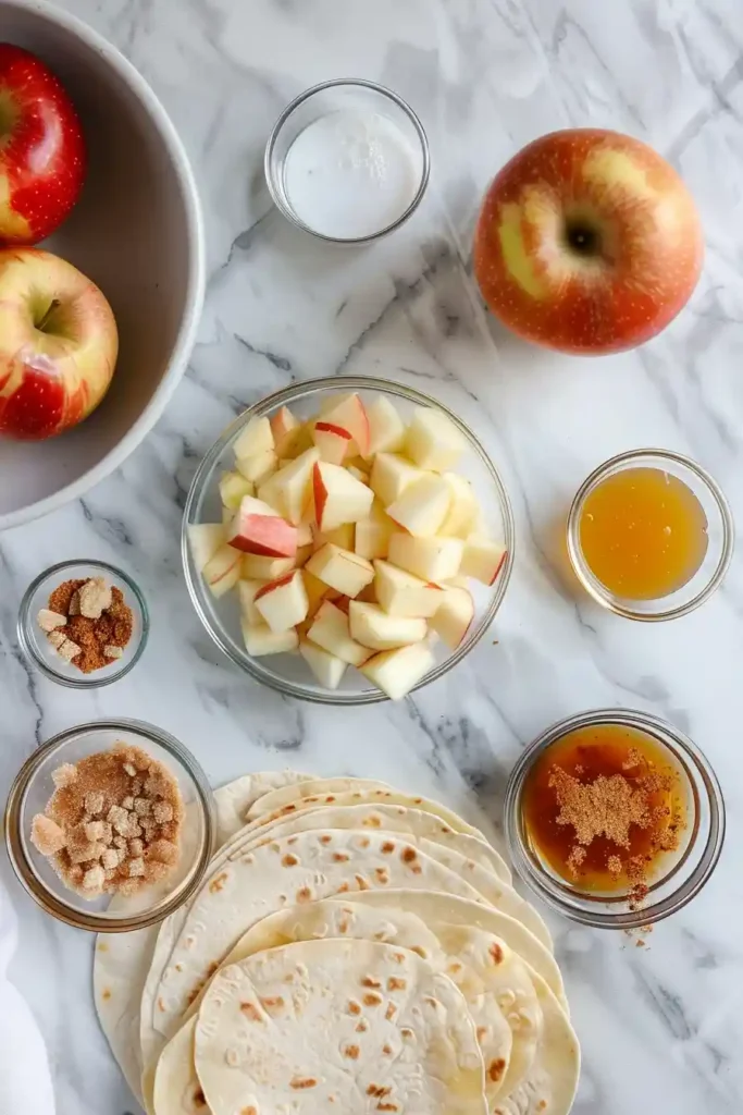 Crispy tortilla filled with gooey cinnamon apple mixture on a serving plate.