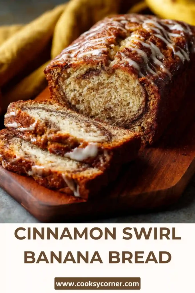 Close-up of cinnamon banana bread slice with tender crumb and sweet swirl filling.