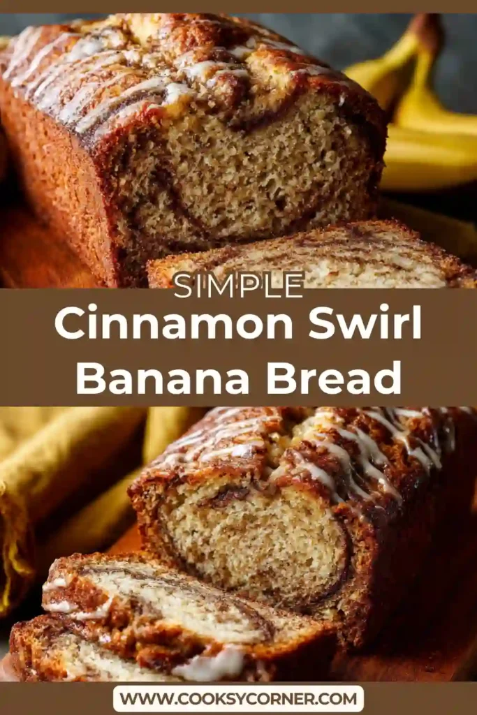 Moist banana bread loaf with visible cinnamon swirl and glossy icing on top.