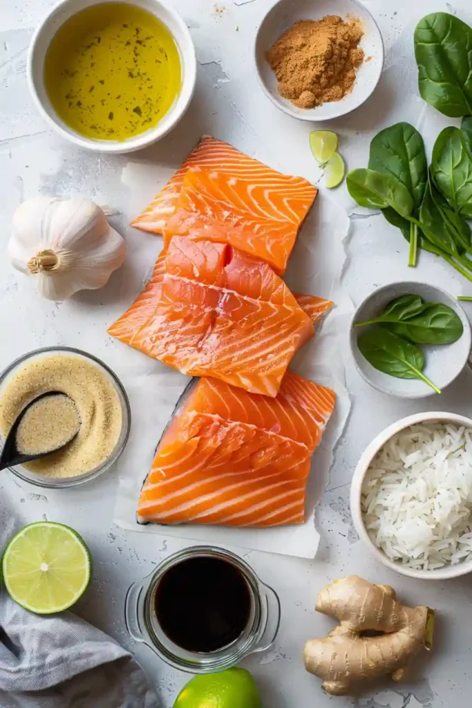 Flaky salmon covered in creamy red curry coconut sauce with fresh basil garnish.