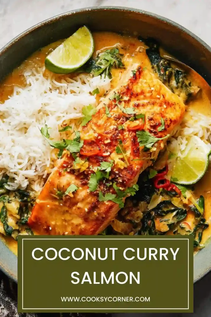 Thai-inspired coconut curry salmon in a bowl with jasmine rice and cilantro.