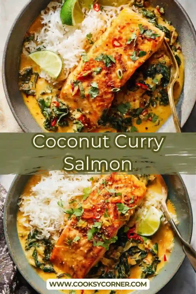 Baked salmon fillet topped with spinach coconut curry sauce and lime wedges.