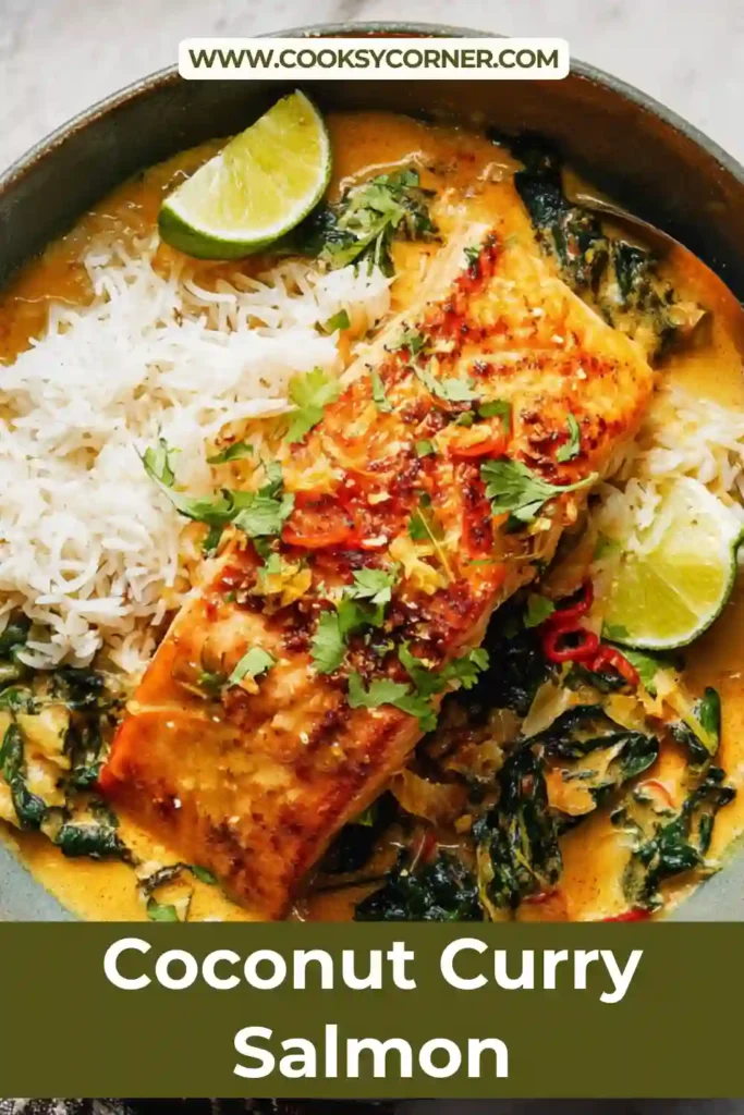 Coconut Curry Salmon served over rice with creamy coconut curry sauce and fresh herbs.