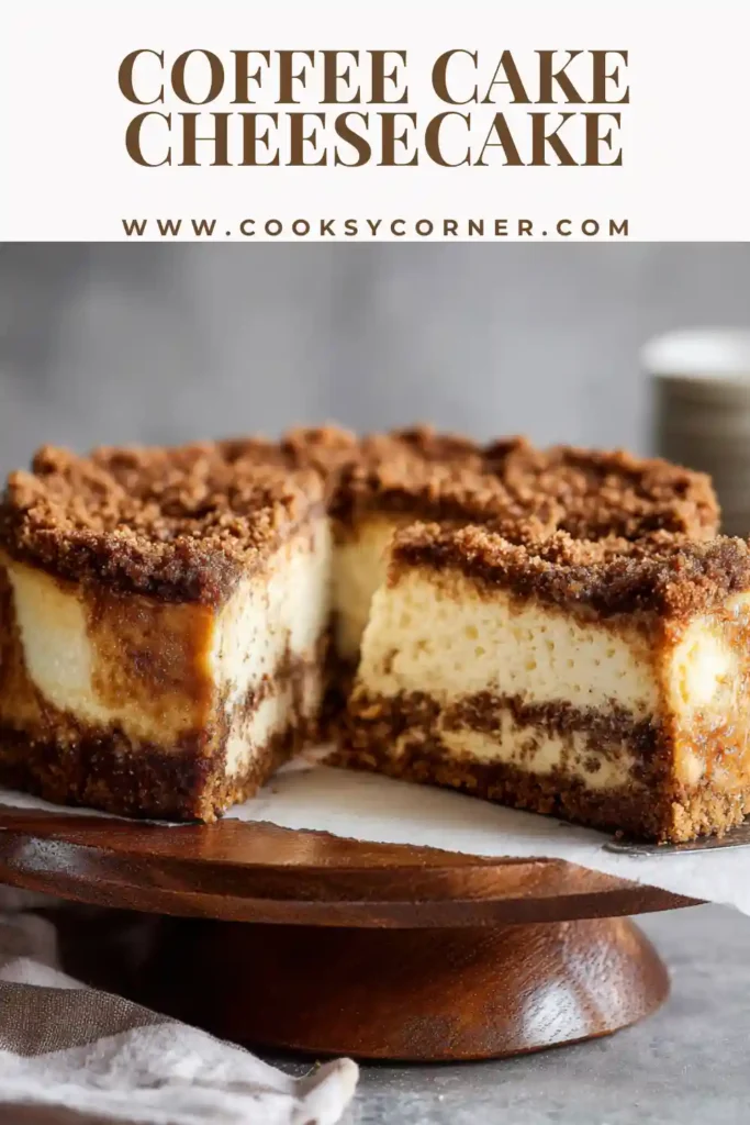 Close-up of a rich coffee cake cheesecake slice with creamy filling, graham cracker crust, and cinnamon crumble topping. Perfect bakery-style dessert presentation.
