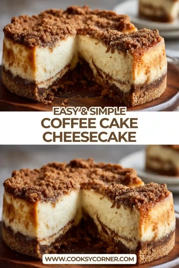 Homemade coffee cake cheesecake topped with golden cinnamon streusel and drizzled icing. The dessert shows a beautiful layered texture with cinnamon swirl throughout.