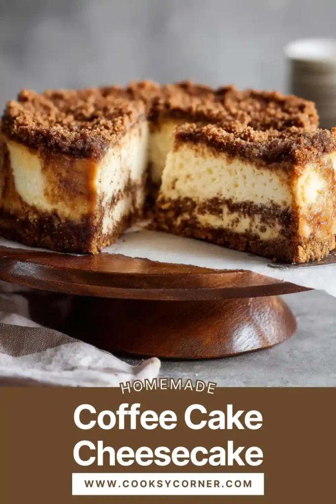 A slice of coffee cake cheesecake with cinnamon swirl and crumbly streusel topping on a white plate. The creamy cheesecake layers sit over a buttery graham cracker crust.