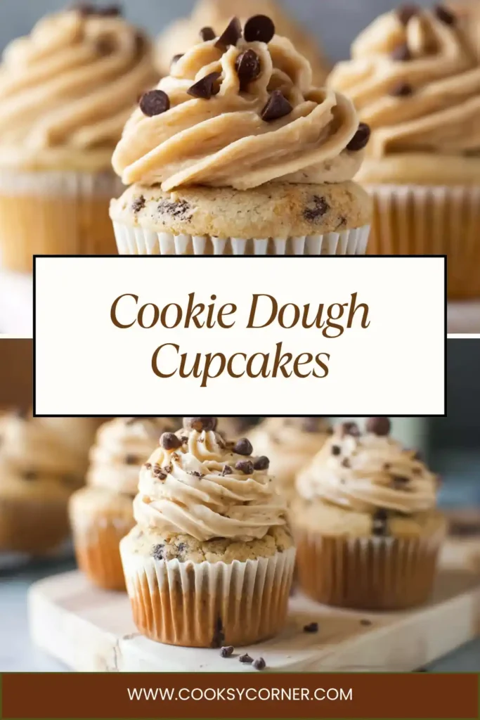 Close-up of stuffed cupcakes showing edible cookie dough center and fluffy frosting texture.