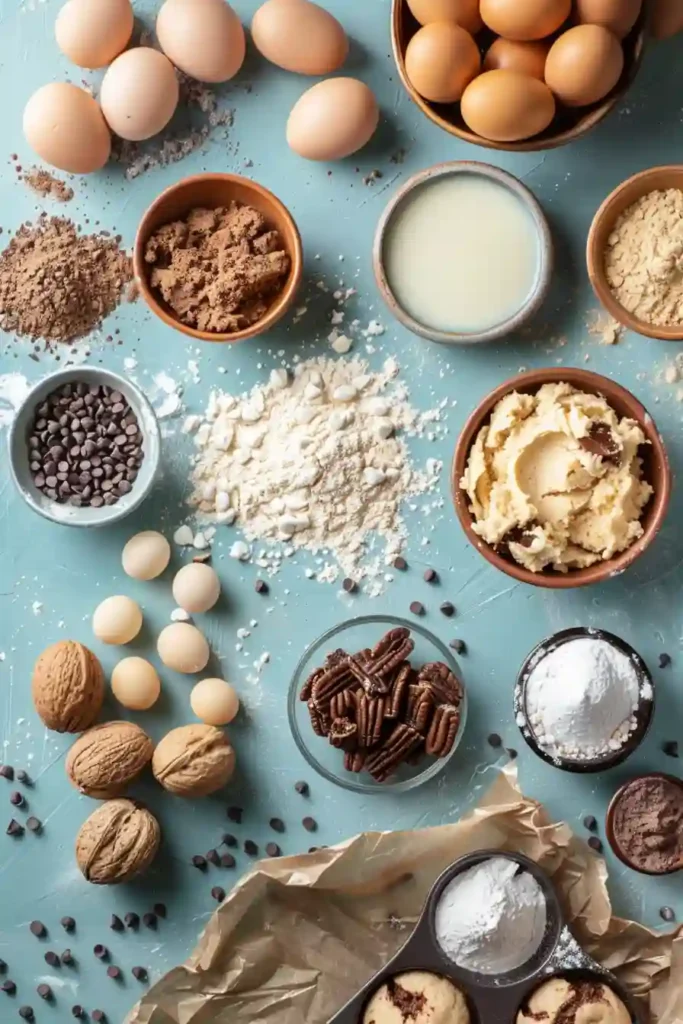 Freshly baked cookie dough cupcakes arranged on a tray with golden tops and piped buttercream.