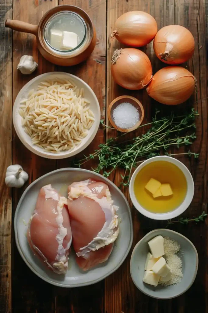 Close-up of French onion chicken orzo casserole with crispy caramelized onions and creamy orzo pasta topped with melted cheese. A warm, comforting baked chicken pasta dish.