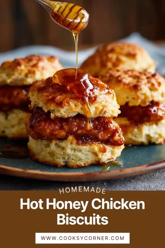 Southern-style hot honey chicken biscuits stacked high with crispy chicken and soft buttery biscuits.