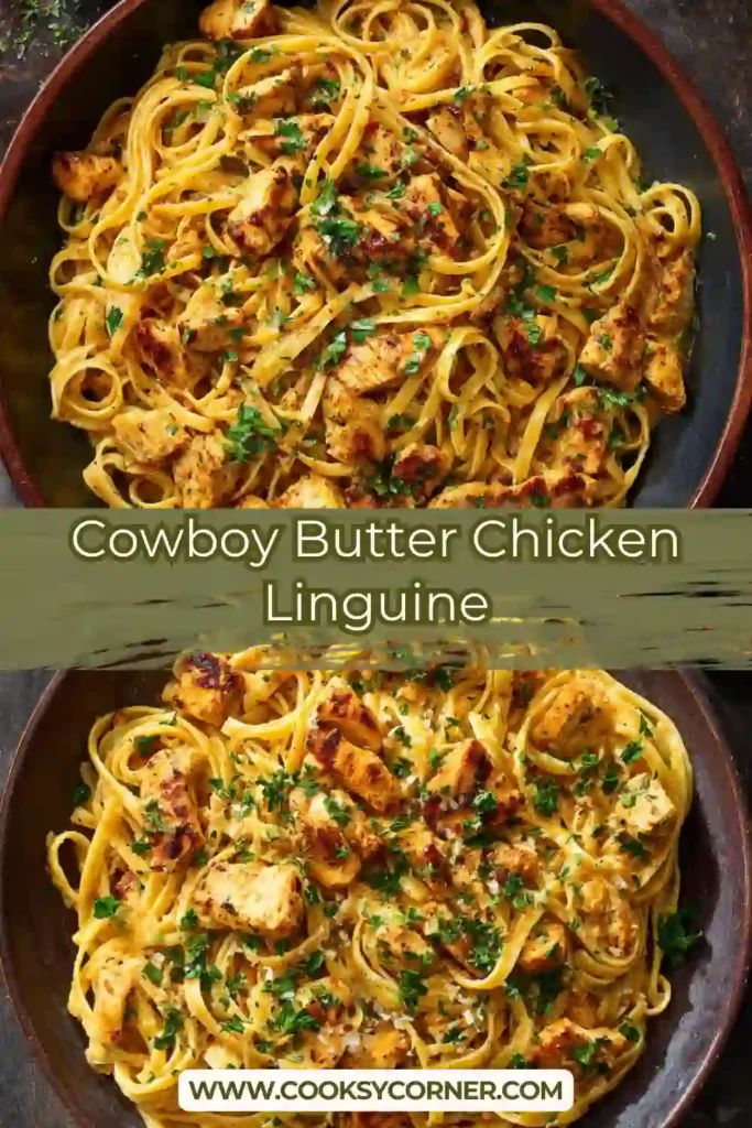 Homemade cowboy butter chicken linguine plated for dinner with rich creamy sauce and golden chicken.