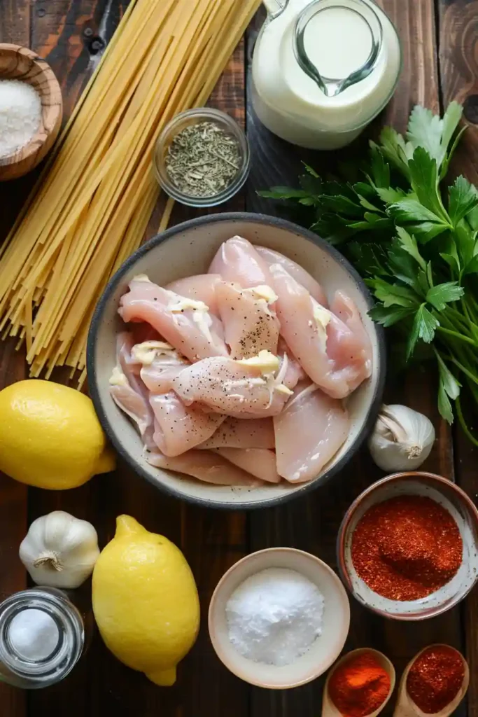 Creamy chicken linguine pasta tossed in cowboy butter sauce with herbs and lemon garnish.