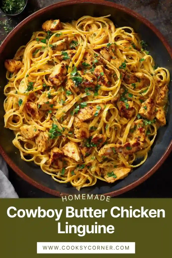 Close-up of creamy cowboy butter chicken linguine pasta garnished with lemon slices and fresh parsley.