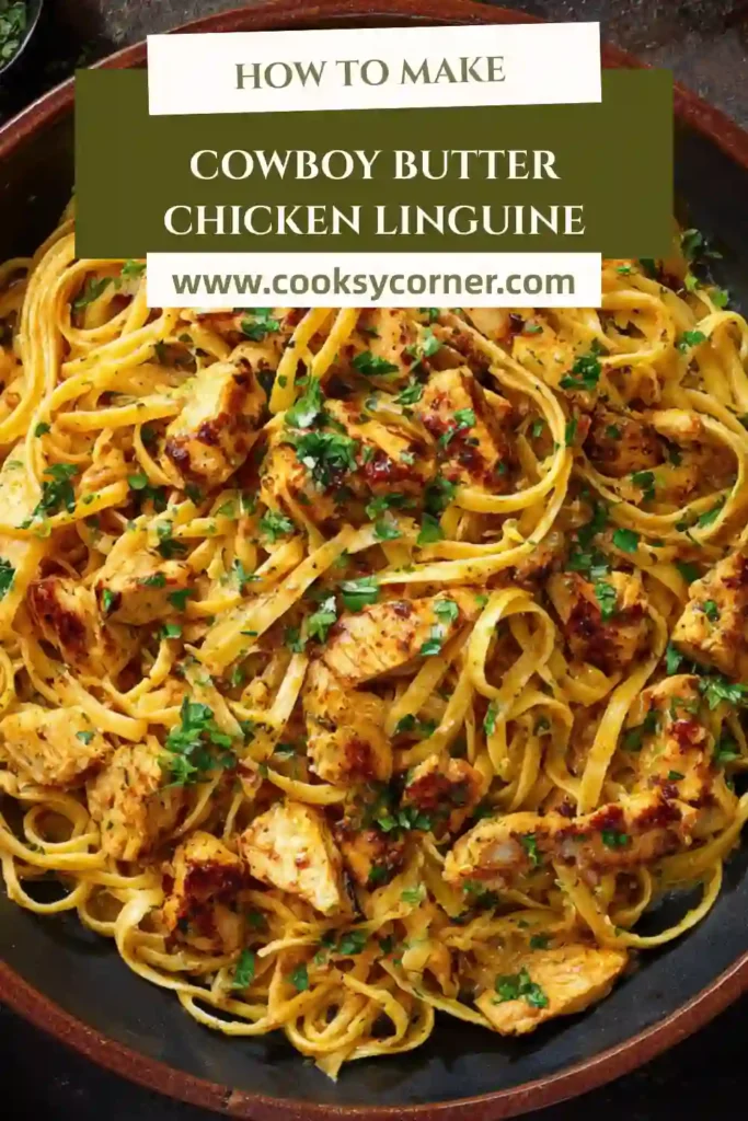 Cowboy Butter Chicken Linguine served in a skillet with creamy garlic butter sauce and tender chicken pieces over linguine pasta.