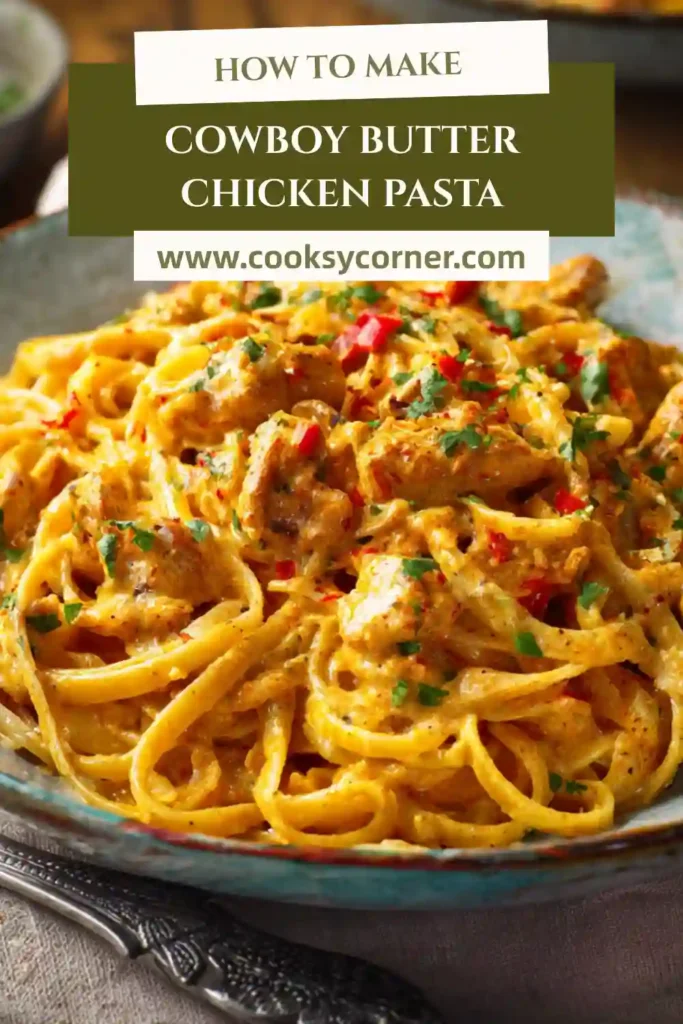 Linguine tossed with tender chicken, colorful bell peppers, and creamy cowboy butter sauce in a large pan.