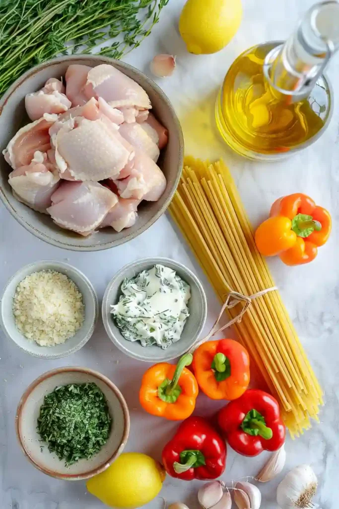 Bowl of Cowboy Butter Chicken Pasta garnished with lemon wedges and fresh herbs for a comforting dinner presentation.