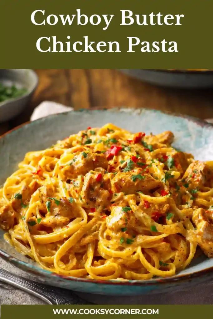 Close-up of Cowboy Butter Chicken Pasta coated in garlic herb butter sauce with fresh parsley and grated Parmesan on top.